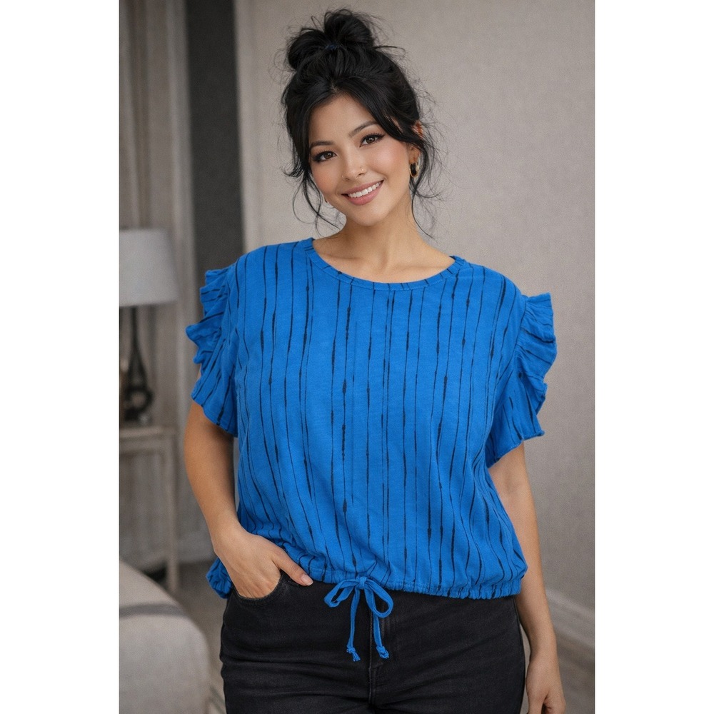 Worthington Blue Vertical Stripe Ruffle Sleeve Top Blouse Artsy Comfy Womens XXL